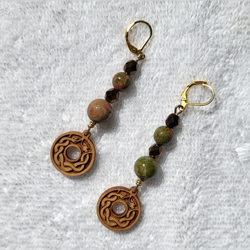 ARTISAN Wooden Double Dragon Charm Statement Dangle Earrings / Pierced